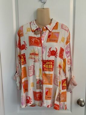 Jane‎ + Delancey Coastal Nautical Print Button Front Shirt 1X